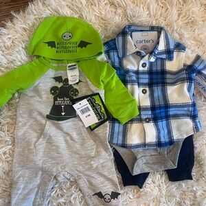 3MO Carter's Plaid Blue set and Beetlejuice onesie